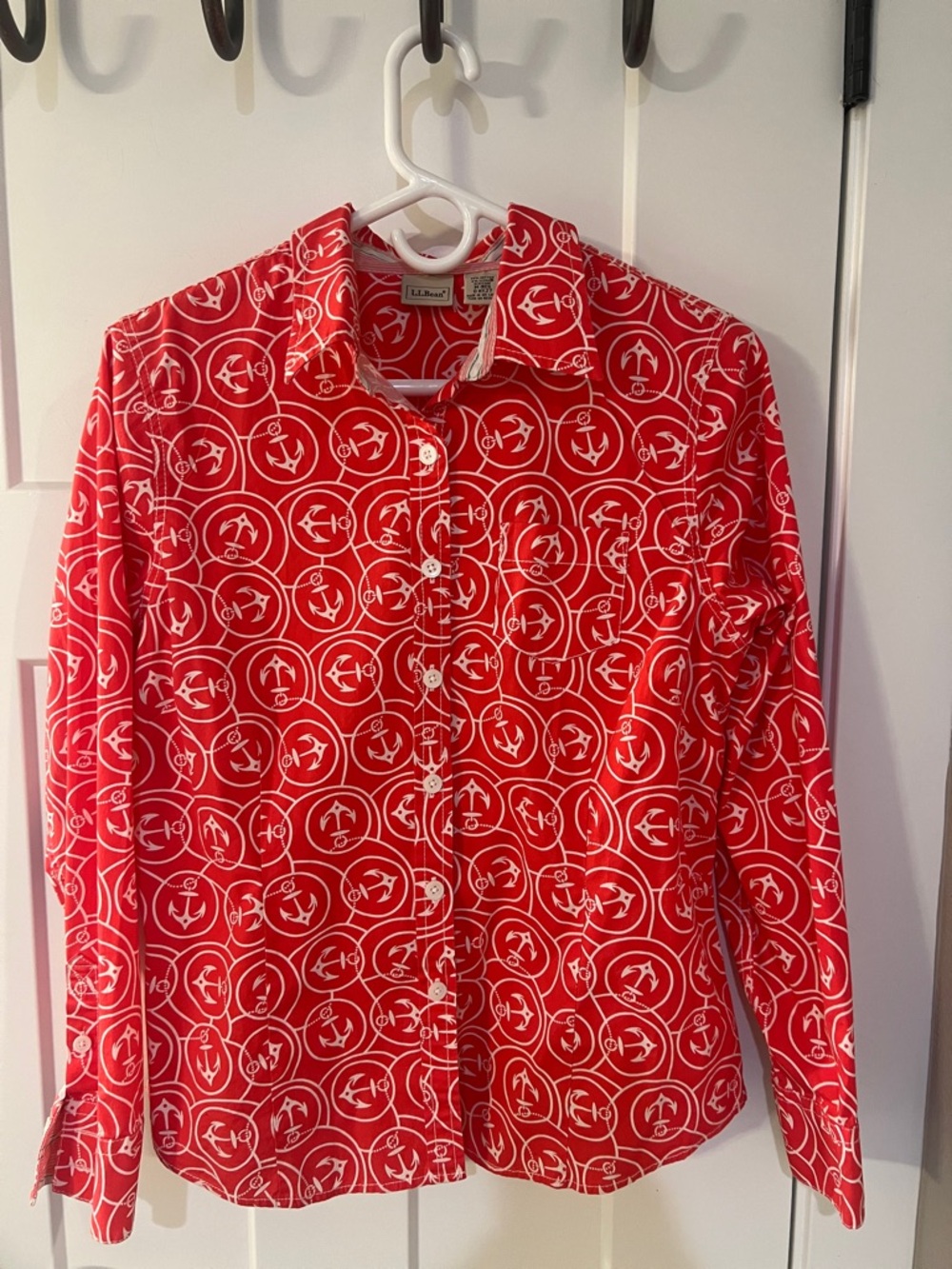LL Bean Red Anchor Print Button Down Shirt Medium Nautical Coastal Preppy